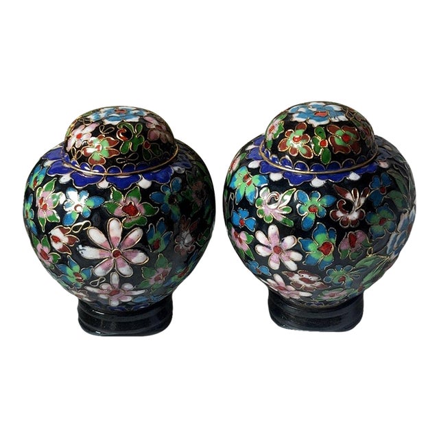 Pair of Vintage Cloisonné Enamel Tea Jars – Black Ground, Floral Motif, With Original Box For Sale