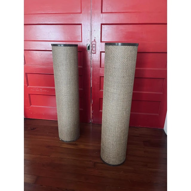 Wood 1960s Mid-Century Modern Cylinder Shaped Woven Planters in Taupe- A Pair For Sale - Image 7 of 9
