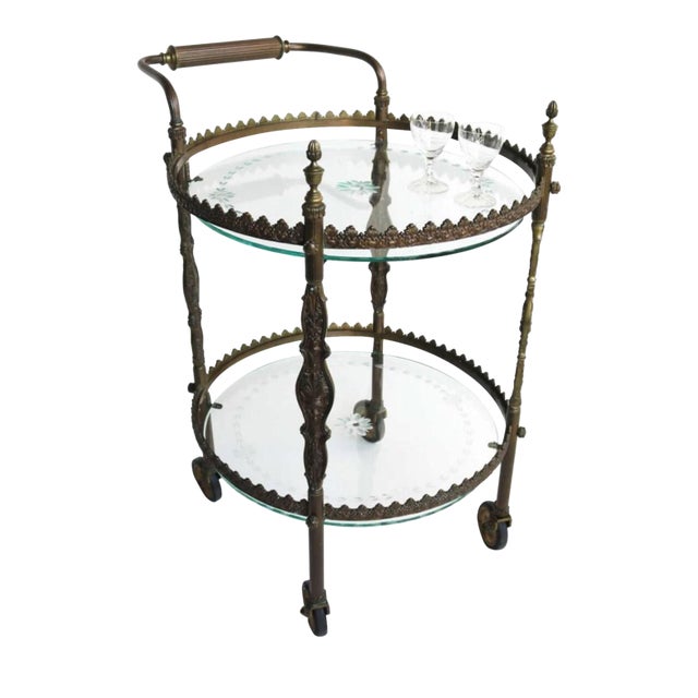 Antique 1930s French Art Deco Style Round Brass Bar Cart For Sale