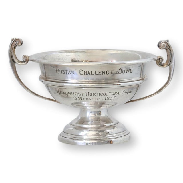 An elegant English silverplate challenge bowl presented for the 1937 Meadhurst Horticultural Show, engraved 'Bustan...