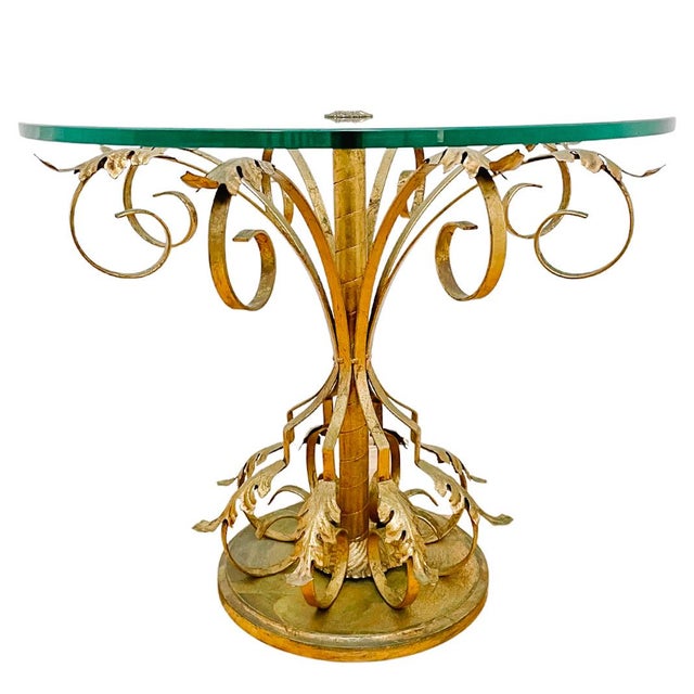 Hollywood Regency Mid 20th Century Hollywood Regency Italian Florentine Gilded Wrought Iron Side Table With Glass Top For Sale - Image 3 of 6