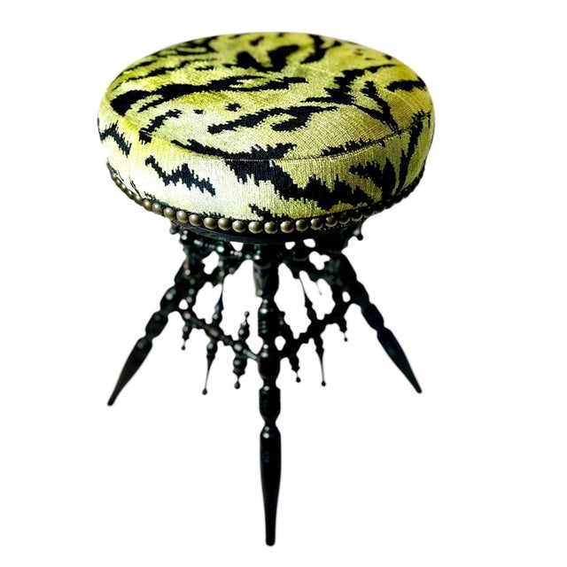 Wood Mid 19th Century Victorian Black Wood Stool Upholstered in Scalamandré Tiger Velvet For Sale - Image 7 of 8