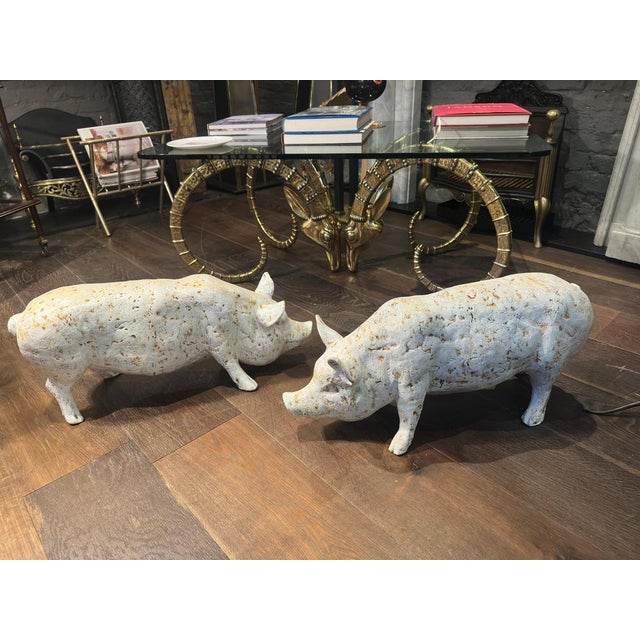 Painted White Cast Iron Pigs, Set of 2 For Sale - Image 13 of 15