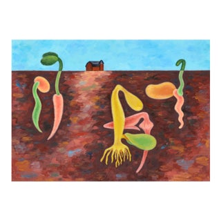Spring Has Sprung on the Farm - Abstracted Landscape in Oil on Masonite by Eleanor Perry For Sale