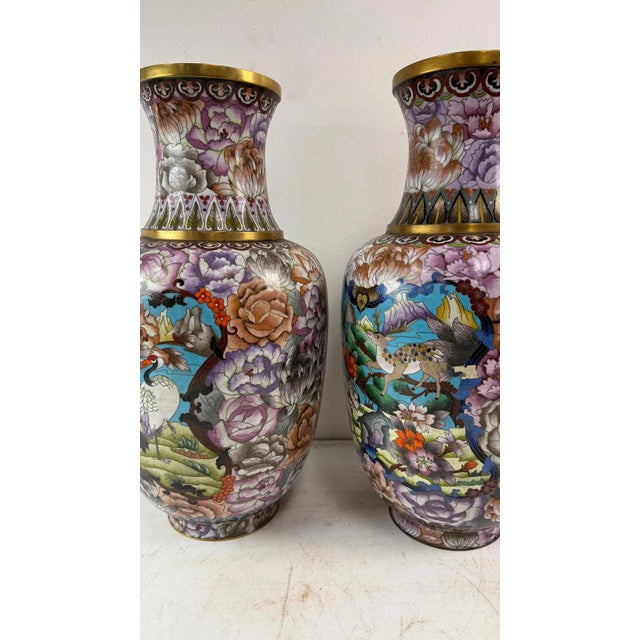 Pair of Large Chinese Cloisonne Enamel Vases Deer Animals Flowers Pink For Sale - Image 4 of 9