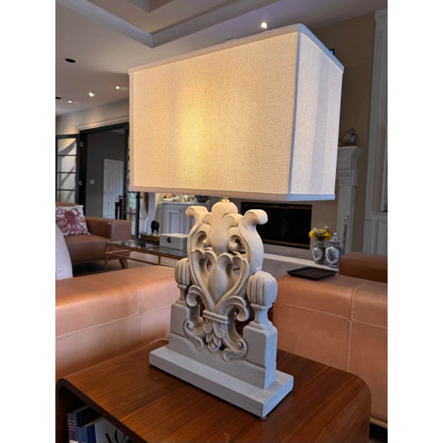 French Country Lillian Home Wylie Carved Wood Table Lamp With Linen Shade – New For Sale - Image 3 of 5
