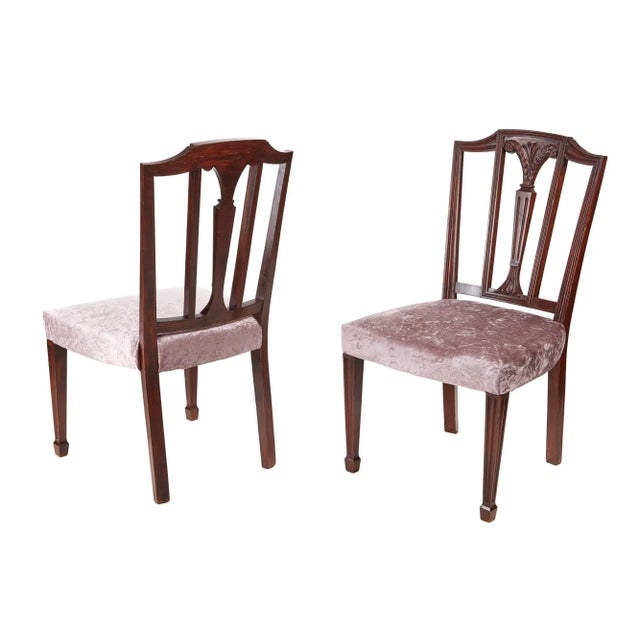 These are a pair of 19th century antique mahogany Hepplewhite style side chairs with shaped top rail and a carved and...