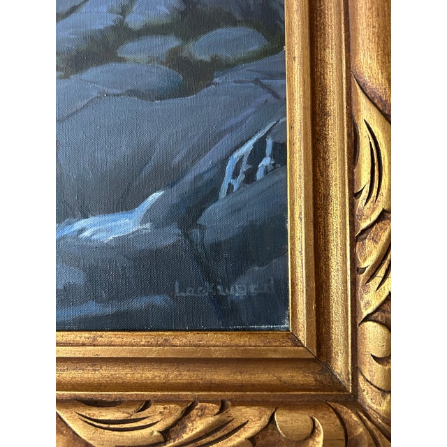 1980s Vintage Oil Painting of a Rocky Mountain Landscape in Gold Frame Signed Lockwood For Sale - Image 5 of 6