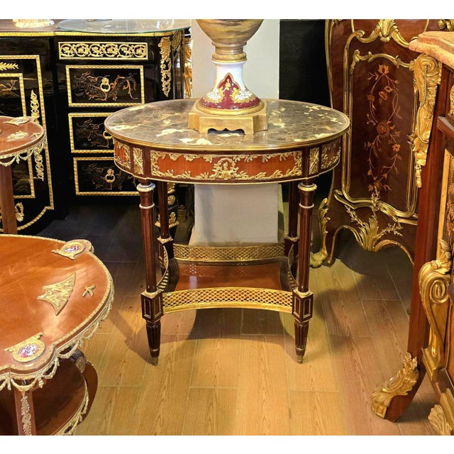 French French Louis XVI Oval Coffee Table With Marble Top, Gilded Bronze Ormolu & Ornate Wood Details For Sale - Image 3 of 4