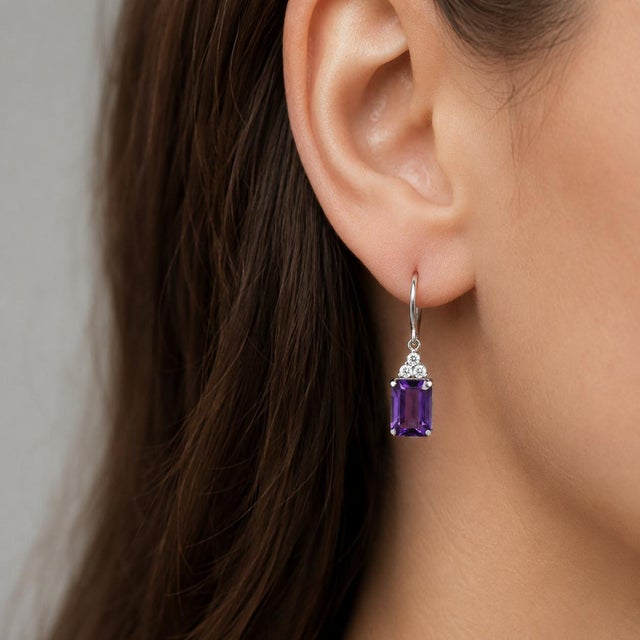 Modern Minimalistic Amethyst Earrings, Silver, Gold, Pair For Sale - Image 3 of 8