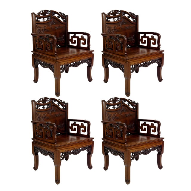 Asian Armchairs with Bats and Cranes, 1880s, Set of 4 For Sale