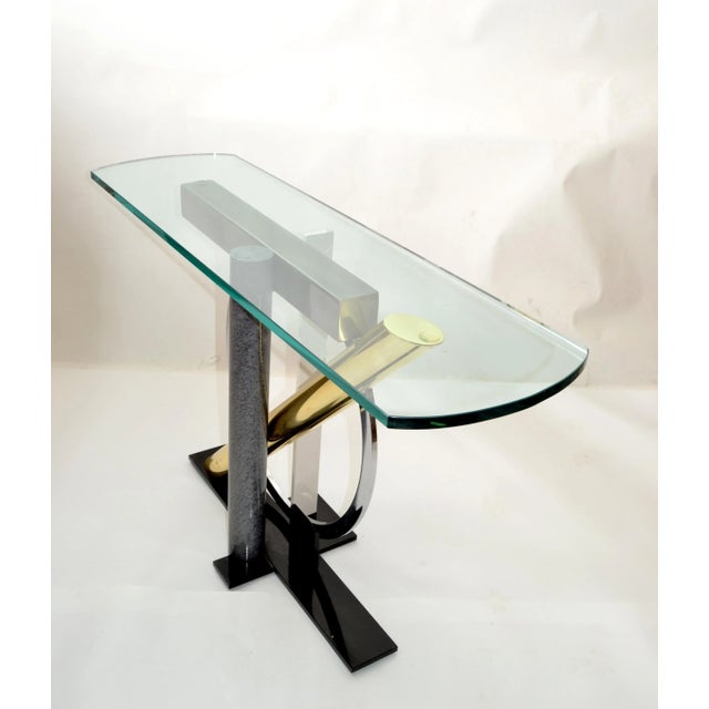Kaizo Oto Design Institute of America Console Glass Table Brass, Steel, Chrome For Sale - Image 11 of 13