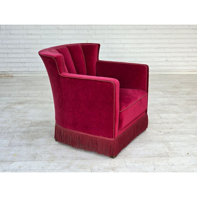 1960s, Danish relax armchair. Original red furniture velour, ash wood legs, brass springs in the seat. Original good...