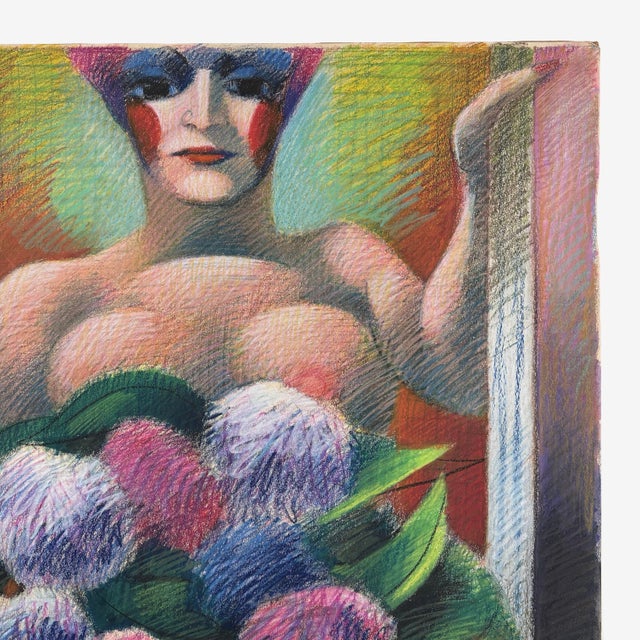 This colored pastel by Jack Gerber presents a stylized female figure standing before a floral arrangement, accompanied by...