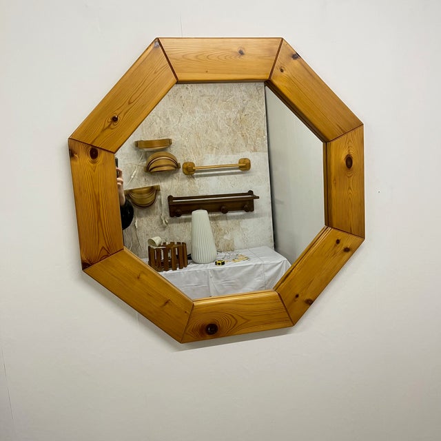 Brown Large Scandinavian Style Octagonal Mirror in Pine, 1980s For Sale - Image 8 of 17