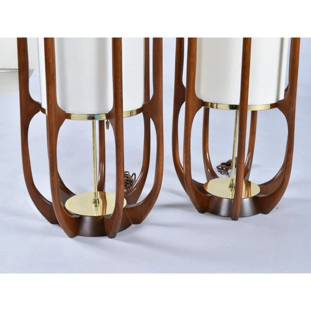 Wood Pair of Modeline Model 635 Cylinder Shaped Sculptured Walnut Table Lamps For Sale - Image 7 of 10