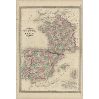 Antique Map of France, Spain and Portugal by Johnson, 1872 For Sale