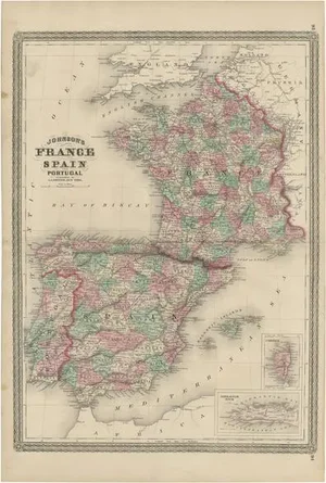 Antique Map of France, Spain and Portugal by Johnson, 1872