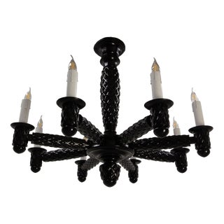 French Black Lacquered Wood Chandelier with Eight Lamps, 1940 For Sale
