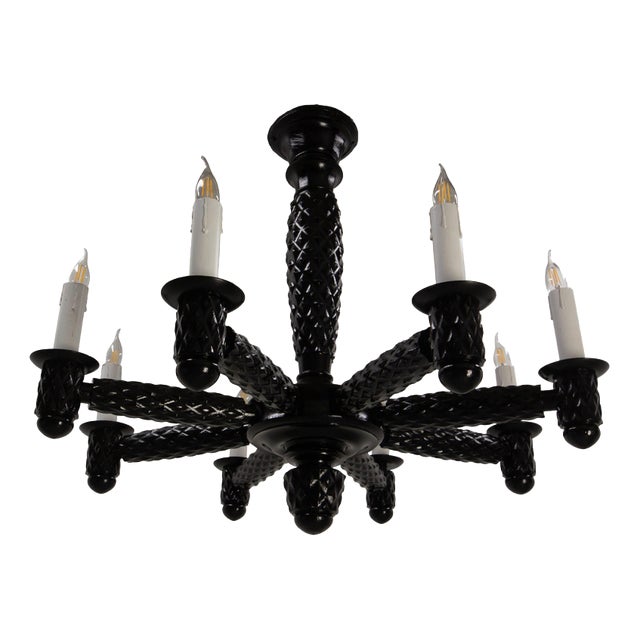 French Black Lacquered Wood Chandelier with Eight Lamps, 1940 For Sale