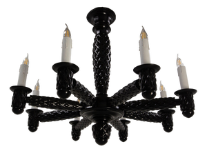 French Black Lacquered Wood Chandelier with Eight Lamps, 1940