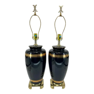 Pair of Vintage Black and Gold Asian Style Ceramic Lamps by Alsy.