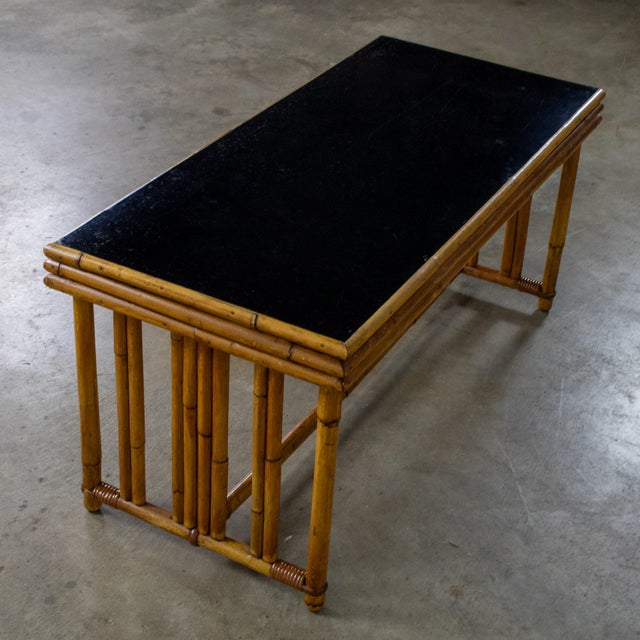 Wood Early 20th Century Art Deco Coastal Style Coffee Table Rattan Frame and Black Laminate Top by Sons-Cunningham For Sale - Image 7 of 18