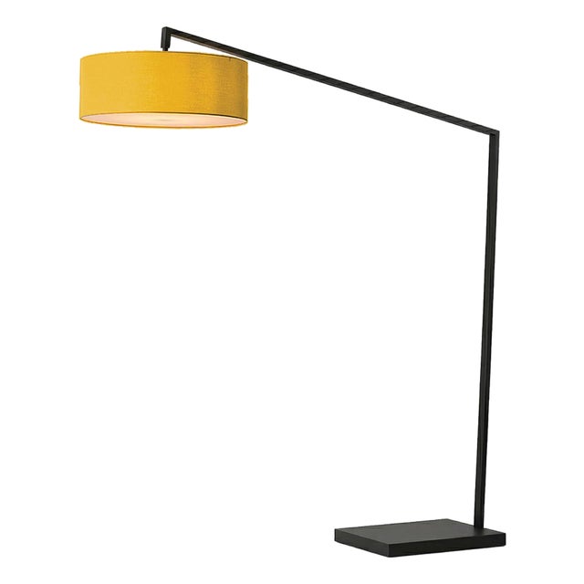 Stretch 87"h 1-Light Arc Lamp, Mustard Linen Shade, Black Body, Dimmable, for Living Room or Bedroom For Sale