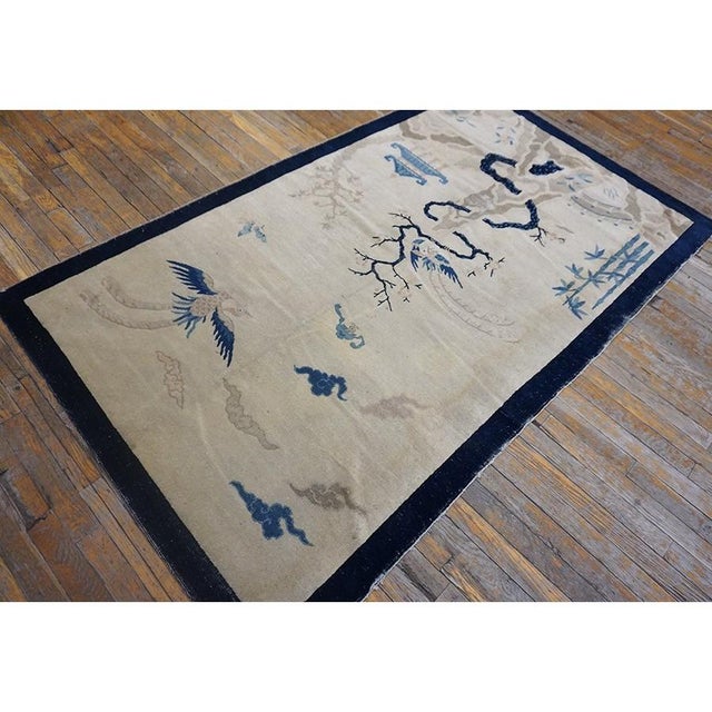 1930s 1930s Antique Ivory Scene Pictorial Birds Wool Chinese Peking Knotted Small Rug For Sale - Image 5 of 9