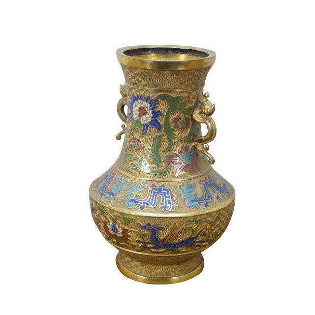 Japanese Antique Japanese Bronze Champleve Cloisonne Enamel Dragon Mantel Vase Urn 12" For Sale - Image 3 of 17