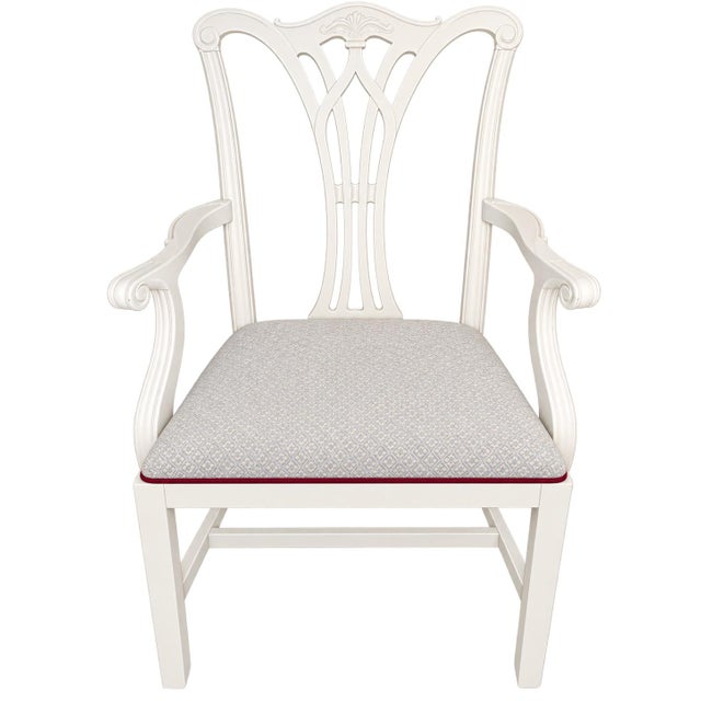 Set of 8 Hepplewhite dining chairs painted White Dove with Schumacher Sarong Weave indoor/outdoor fabric in Mediterranean...