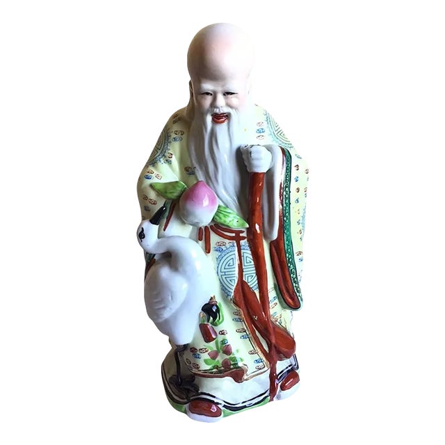 Vintage Mid 20th Century Chinese Famille Rose God of Longevity Hand Painted Porcelain Figurine For Sale