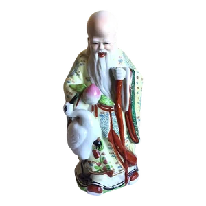 Vintage Mid 20th Century Chinese Famille Rose God of Longevity Hand Painted Porcelain Figurine