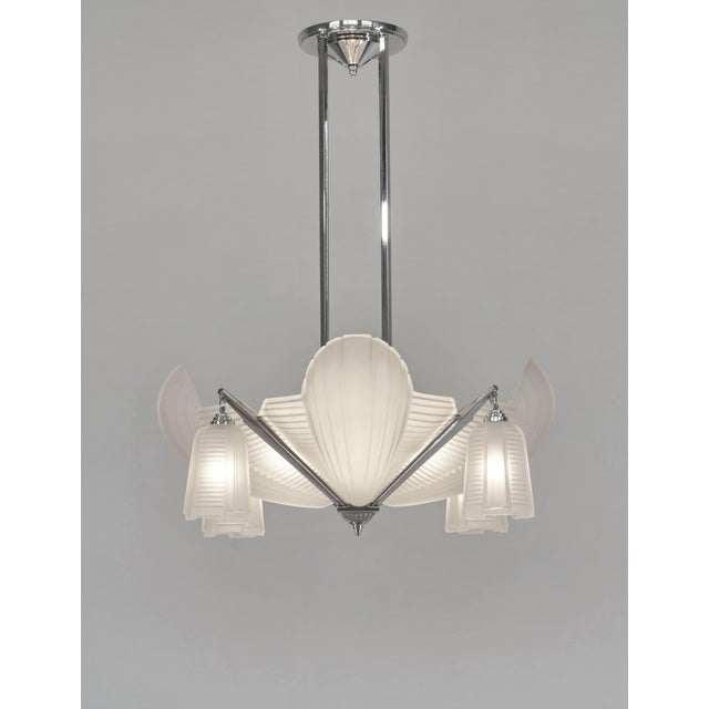 Art Deco Petitot French Modernist Art Deco Chandelier 1930s - Frosted Glass & Nickeled Bronze For Sale - Image 3 of 15