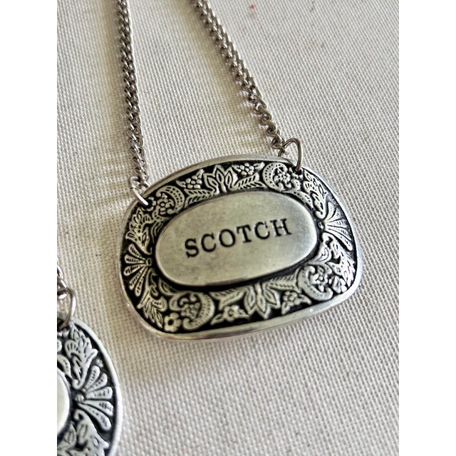 Vintage Ornate Pewter Gin and Scotch Liquor Decanter Tags, Set of 2 For Sale - Image 4 of 5
