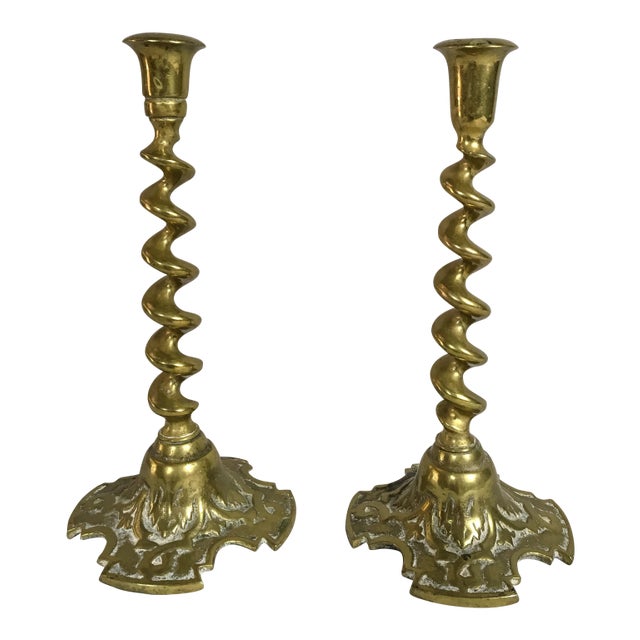 English Brass Twisted Candlesticks - a Pair For Sale