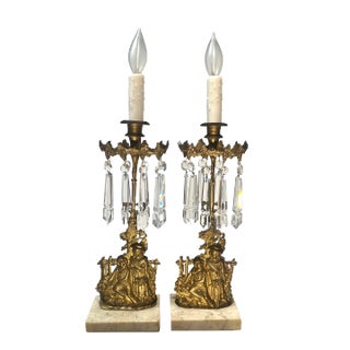 Mid-1800's Cornelius-Like Brass & Crystal Boy and Girl Girandole Lamp Pair For Sale