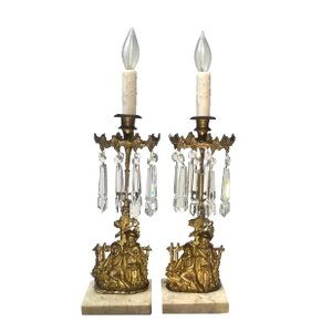 Mid-1800's Cornelius-Like Brass & Crystal Figural Candlestick Lamps Pair