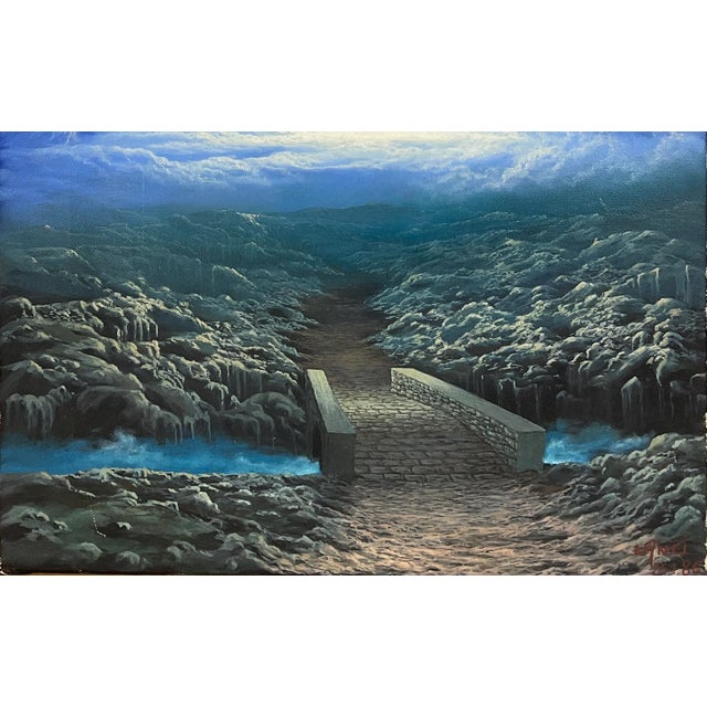 A unique oil on canvas painting that is so perfectly executed that it almost appears to be a machine made print. However,...