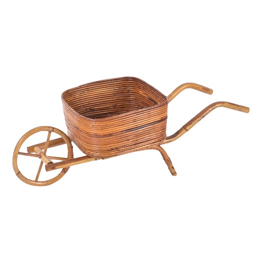 French Riviera Rattan Wheelbarrow Magazine Rack, Italy, 1960s For Sale