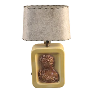Antique Art-Deco Yellow Pottery Figural Cameo Fiberglass Shade Table Boudoir Lamp