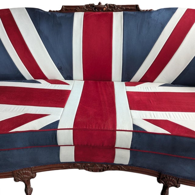 Vintage Union Jack Upholstered Sofa With Ornate Carved Wood Frame For Sale In Los Angeles - Image 6 of 18