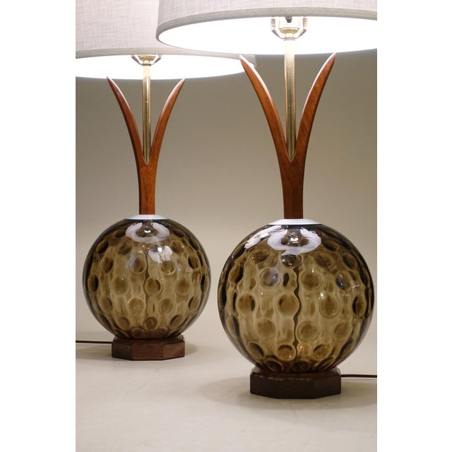 Witco 1960s Matched Pair XL Tiki Modern Pineapple Sculpture Glass Globe Walnut Table Lamps Witco For Sale - Image 4 of 10