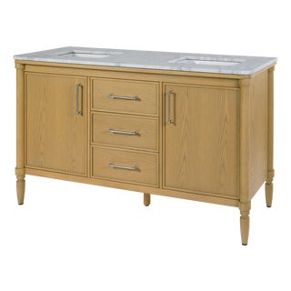 Bianca 60 in. W Wood & Marble Double Sink Bathroom Vanity, Light Oak For Sale