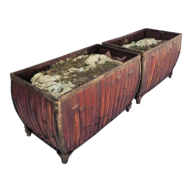 1990s Massive Bamboo Metal Elongated Coastal Regency Planters Troughs-a Pair For Sale