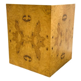 Large Scale Modern Burl Wood Cube Side Table / Pedestal Att. Milo Baughman For Sale