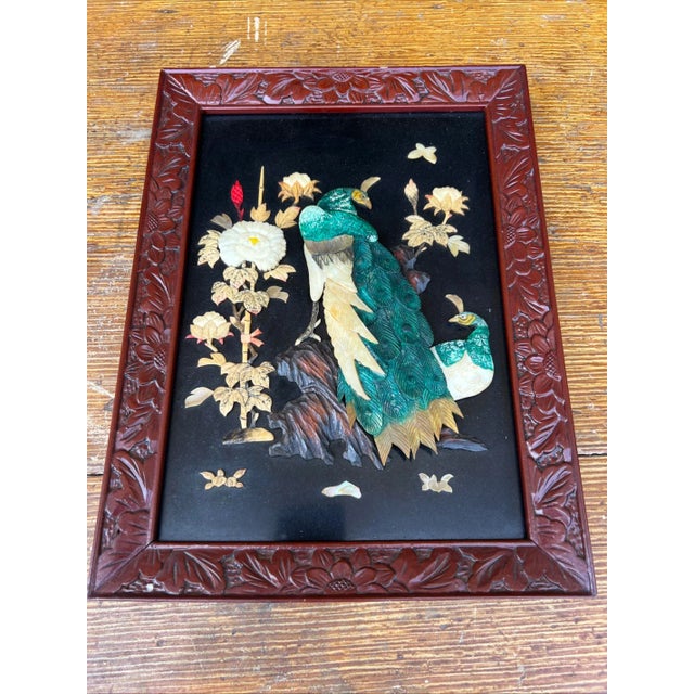 Vintage Chinese Carved Shell and Lacquer Peacock WallHang Artwork, Circa 1950’s For Sale - Image 12 of 15
