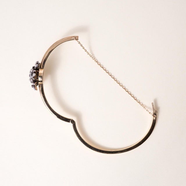 Late 19th Century Victorian 1.20 Carats Old Mine Cut Diamond Floral Bangle 14k Gold and Silver For Sale - Image 4 of 4