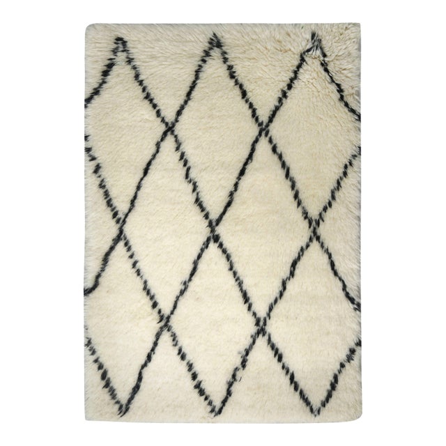 Rug & Kilim’s Moroccan Rug With Ivory Field & Black Geometric Pattern For Sale