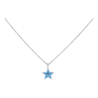 Sterling Silver Blue Enamel and Diamond Accent Star Pendant Necklace For Sale